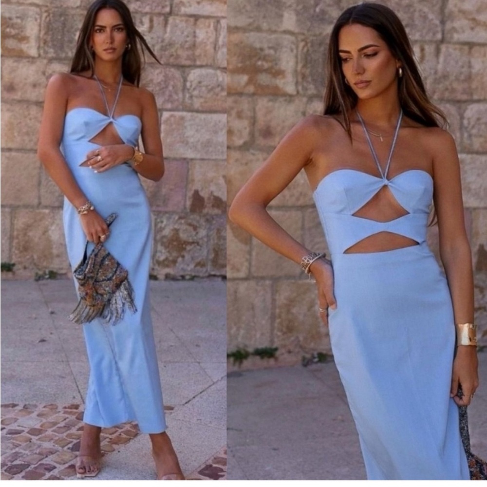 New Zara Cut Out Blue Midi Dress Blogger Favorite NWT Small